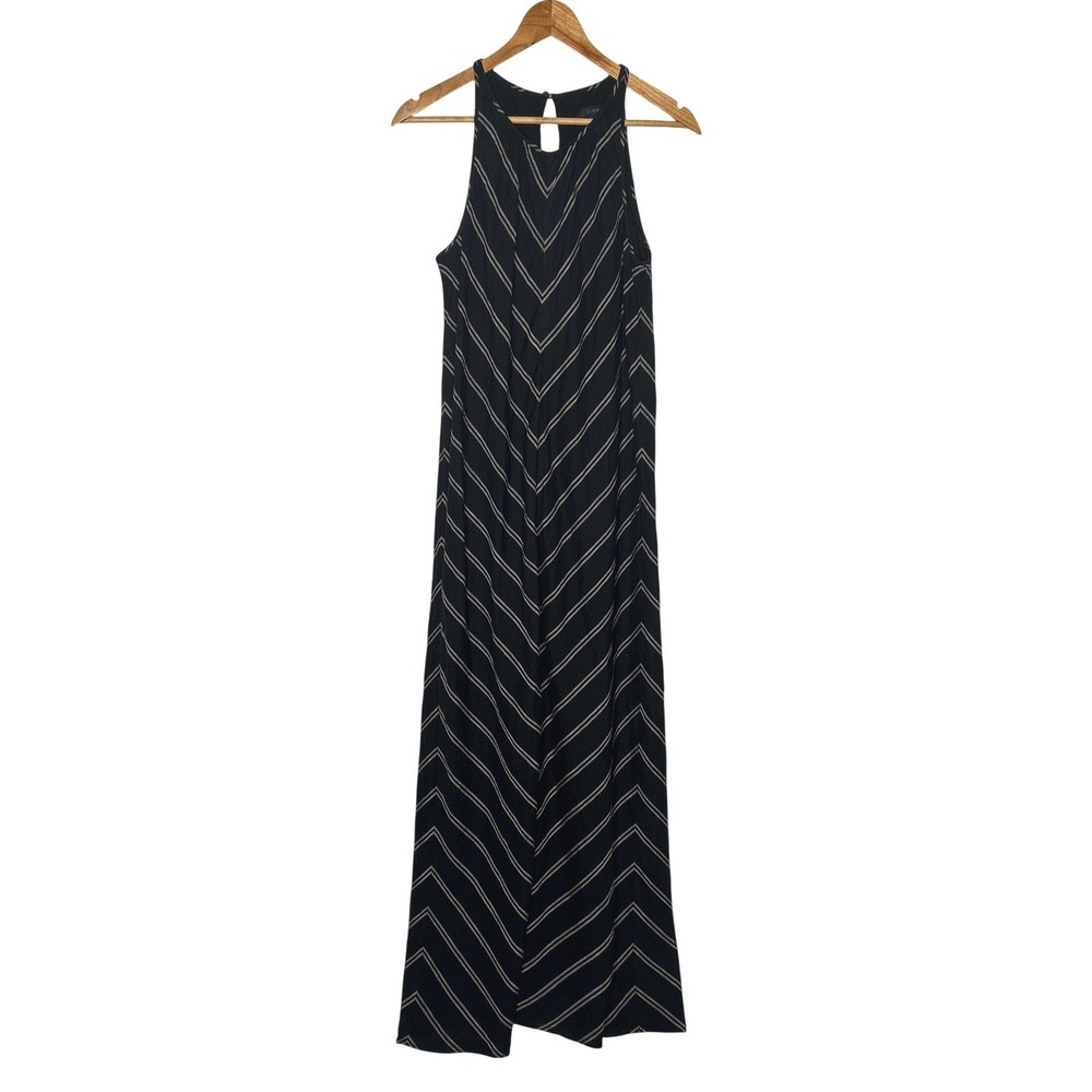 J.Crew Chevron Maxi Dress Size 2 Black Linen Striped Halter Neck Sleeveless Maxi
